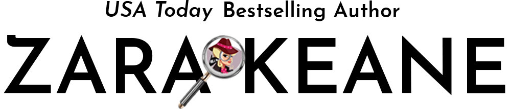 Header logo for cozy mystery author Zara Keane's website. It features the author's name, a magnifying glass, and a fashionably dressed female detective