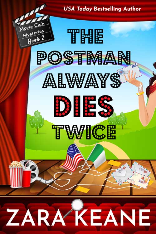 The book cover for Zara Keane's cozy mystery ‘The Postman Always Dies Twice’, Book 2 in the Movie Club Mysteries series.