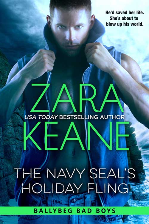 The book cover for Zara Keane's Irish-set romantic suspense ‘The Navy SEAL’s Holiday Fling’. Book 3 in the Ballybeg Bad Boys series.