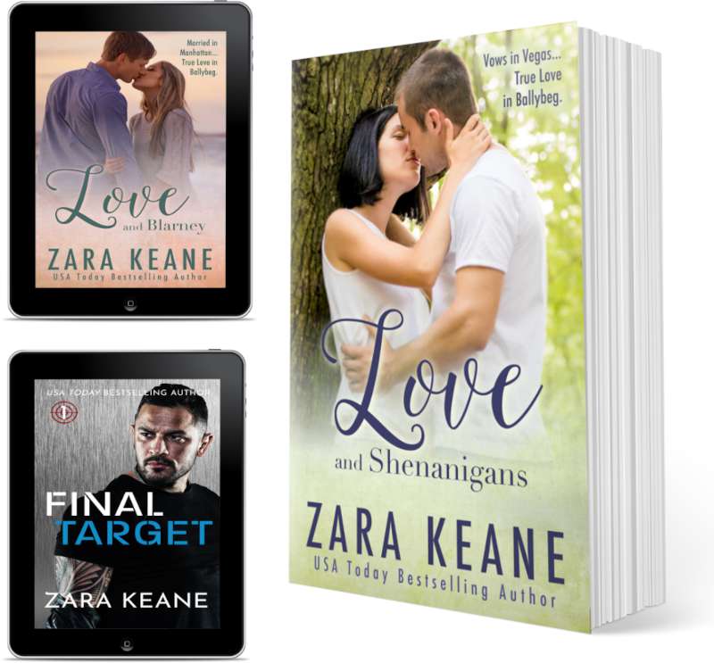 A promotional image for cozy mystery and romance author Zara Keane’s newsletter sign-up form. The image includes two tablets and a print book with the covers of three of Zara’s romance novels: ‘Love and Shenanigans’, ‘Love in Ballybeg’, and ‘Final Target’.