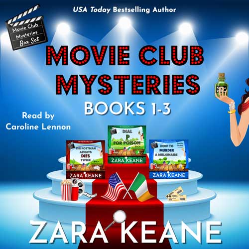 The audiobook cover for Zara Keane's cozy mystery audiobook set containing the first three books in the Movie Club Mysteries series.