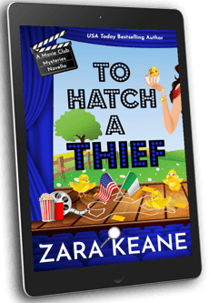 A promotional image for cozy mystery author Zara Keane’s newsletter sign-up form. The image features a left-leaning tablet screen with the book cover for ‘To Hatch a Thief’, one of the free stories Zara is giving away to new subscribers.